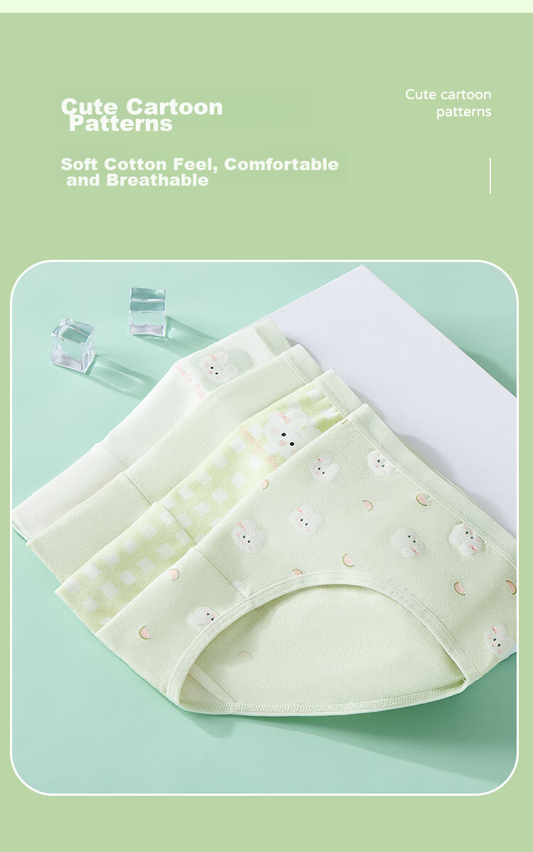 LangSha Children's Underwear, Girls' Antibacterial Triangle Panties, for Young And Older Girls, Green Rabbit Design, Size 160 2