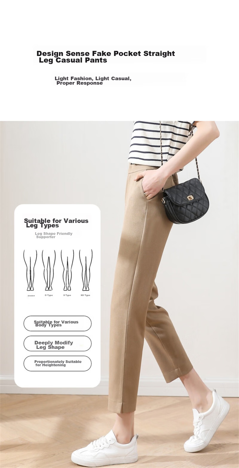Dme Cropped Pants for Spring And Autumn, New Straight-Leg Suit Pants with Fake Pockets, Casual Trousers for Women, Khaki, S 14