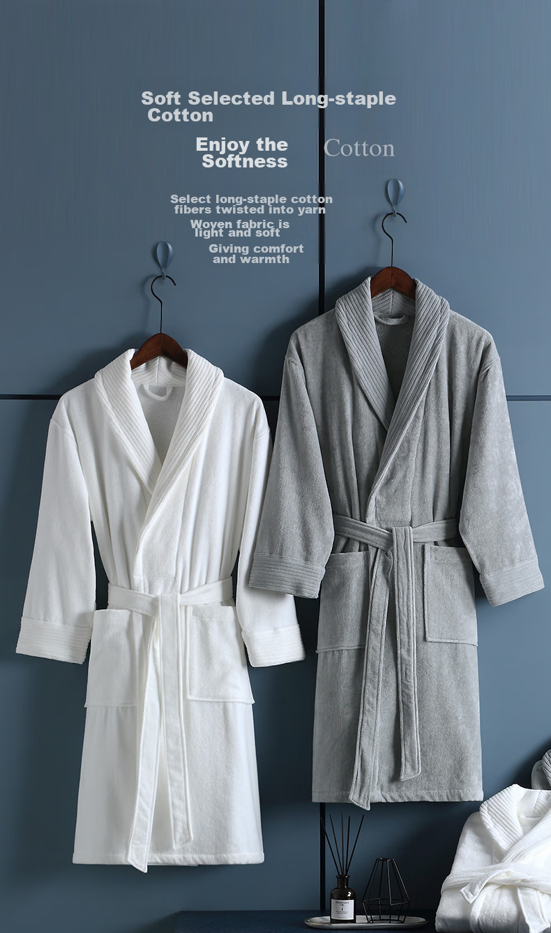 Canasin Five-Star Hotel Pure Cotton Bathrobe, All-Cotton Absorbent Couple Adult Bathrobe Sleepwear Long Style, Elegant Gray, L 3
