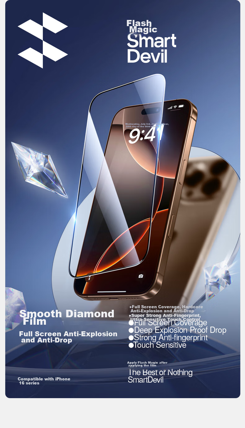 Shanmo Tempered Glass Screen Protector for IPhone 16 Pro Max, Apple 16 Pro Max Phone Film, 3D Full Screen Large View Ultra-Smooth Diamond Anti-Drop Anti-Shatter HD Anti-Fingerprint 2