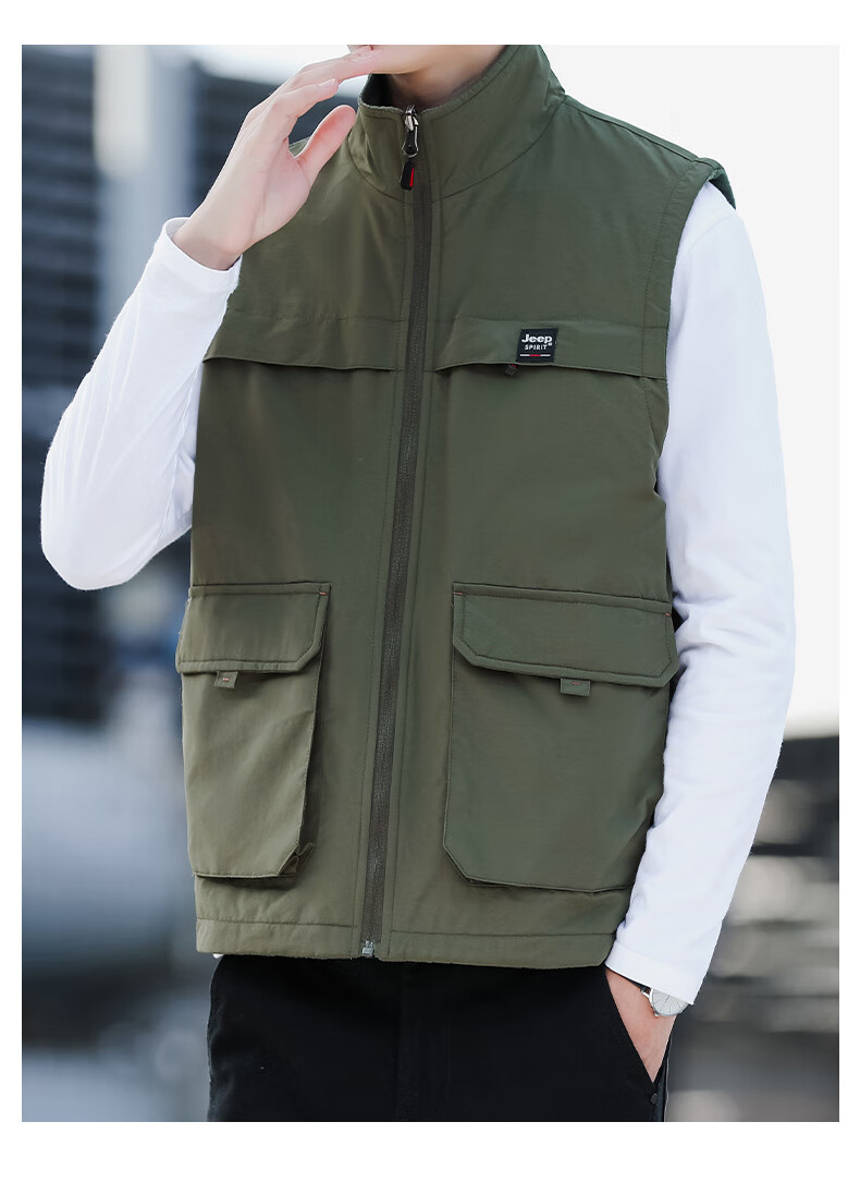 JEEP SPIRIT Fleece-Lined Casual Vest for Men, Spring And Autumn Wear, Two-Way Vest, Workwear Jacket, Khaki, 2XL 16