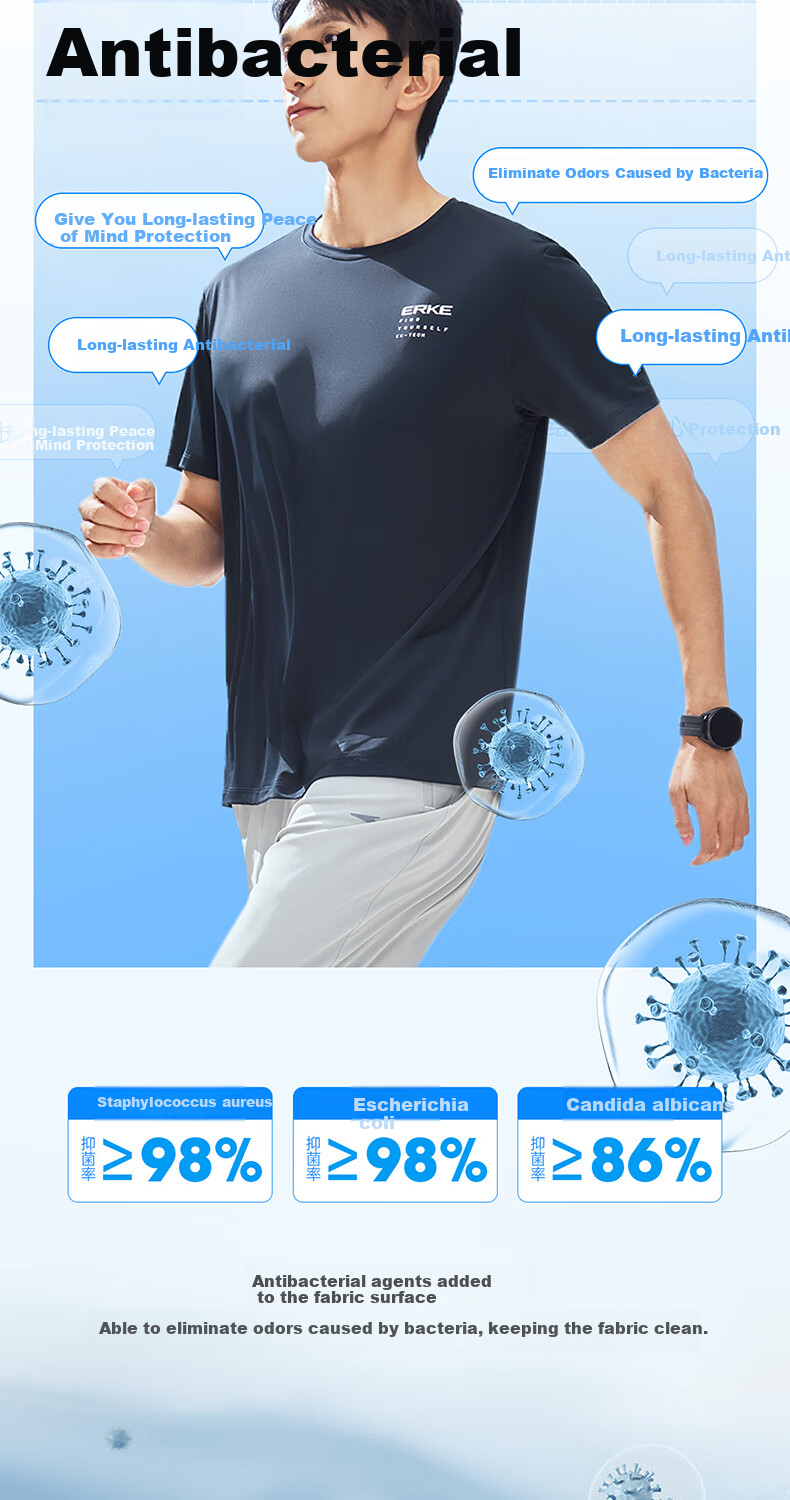 Hongxing Erke Men's Summer Sports T-Shirt UV Protection Ice Cooling Antibacterial Crew Neck Short Sleeve Knit Outdoor Casual Tee 4
