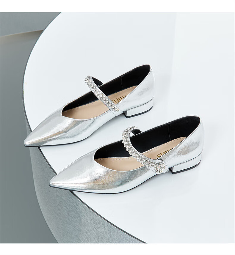 15MINS Pointed Toe Low-Cut Women's Pumps with Chunky Heel, Elegant Leather Shoes, French-Style Professional Work Shoes for Women, Silver, Size 35 15