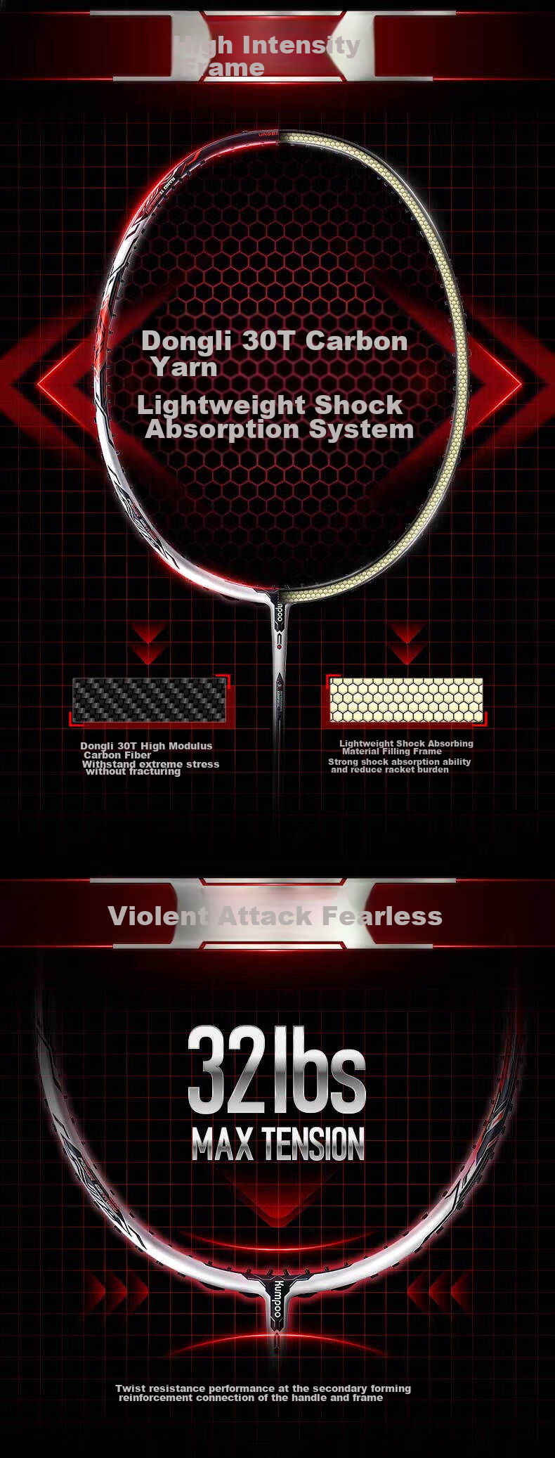 KUMPOO Badminton Racket, Lightweight Shock-Absorbing, Carbon Solid Core, Double-Edged Composite Frame, Advanced Racket, Shuilo White/blue Unstrung Racket 3