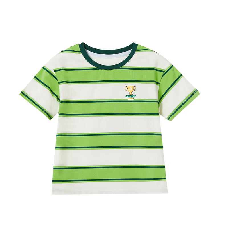 ASK JUNIOR Boys' Short-Sleeve T-Shirt, Summer Wear for Young Children, Comfortable Breathable Letter Print Casual Striped Undershirt for Kids, Size 110