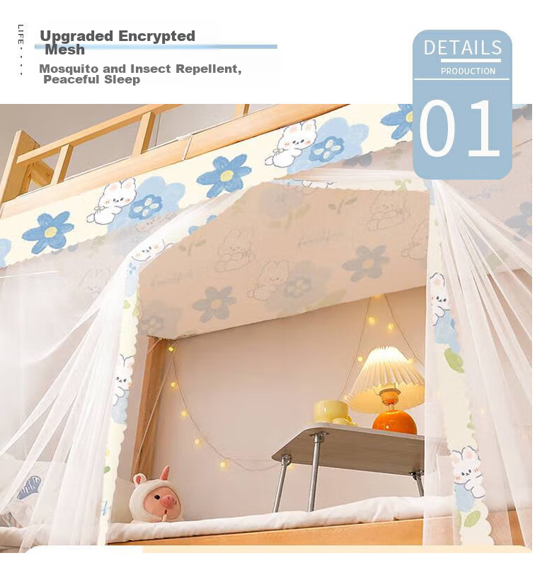 XI HAN Student Dormitory Dust-Proof Mosquito Net for 0.9m Bed, Blue Flower Rabbit Design, Dense Mesh, Suitable for Bunk Beds, Pole Not Included 2