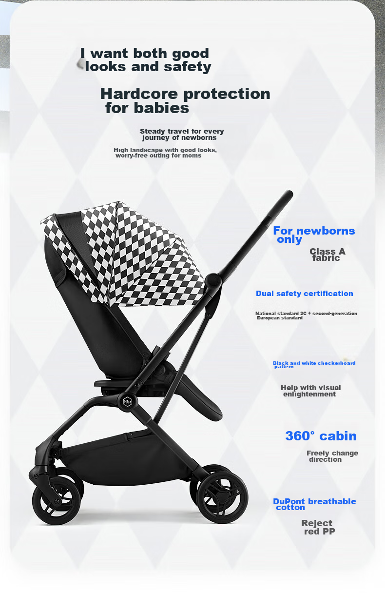 HBR Stroller with Reversible High View, Newborn Carriage, Can Sit And Lie Down, M360 Luminous, Black And White Checkered Patter 3