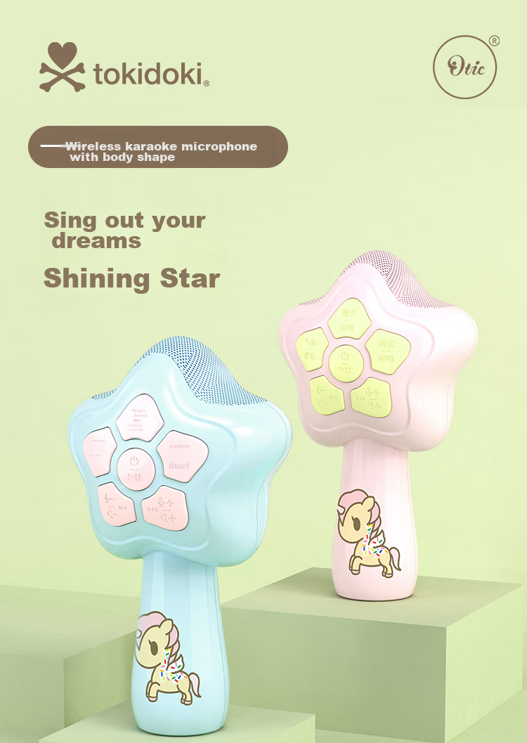 OTIC Collaboration with Tokidoki Children's Karaoke Microphone, Wireless Bluetooth Microphone Speaker All-In Home Singing, Long Battery Life, Two-Person Singing Device, Blue 1