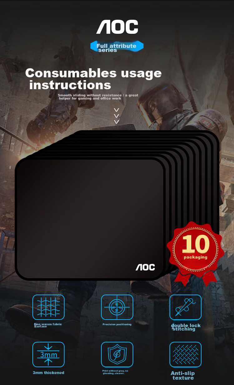 AOC M91 Gaming Mouse Pad Small Size 270*220*3mm, Thickened with Locked Edges, Office Keyboard Computer Desk Pad, Black, Pack of 10 1