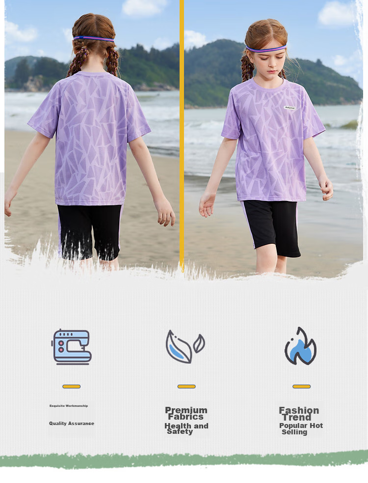 ASK JUNIOR Girls' Set, Summer 2025 Thin Short-Sleeve T-Shirt, Children's Shorts, Quick-Dry Running Outfit, Purple, Size 120 5