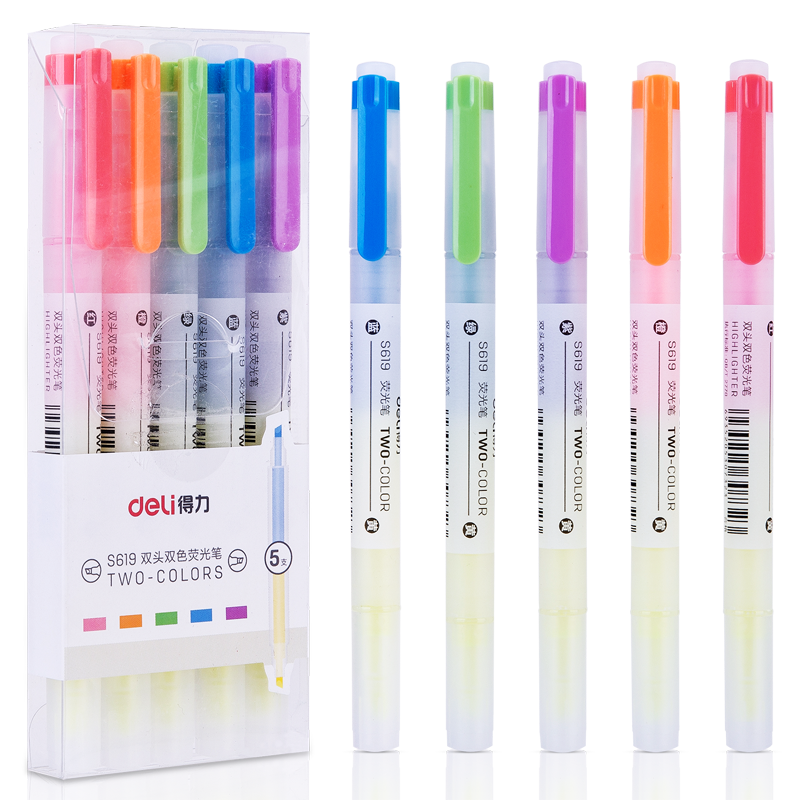 Deli 6-Color Highlighters, Dual-Tip Dual-Color Student Exam Review Highlighting Markers, Office Journaling Pens, 5 Pens/Box S619