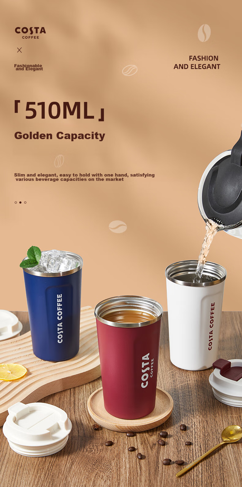 COSTA Stainless Steel Coffee Mug with Lid, Portable Travel Cup for Men And Women, Car-Friendly Insulated Water Bottle, Gift 10