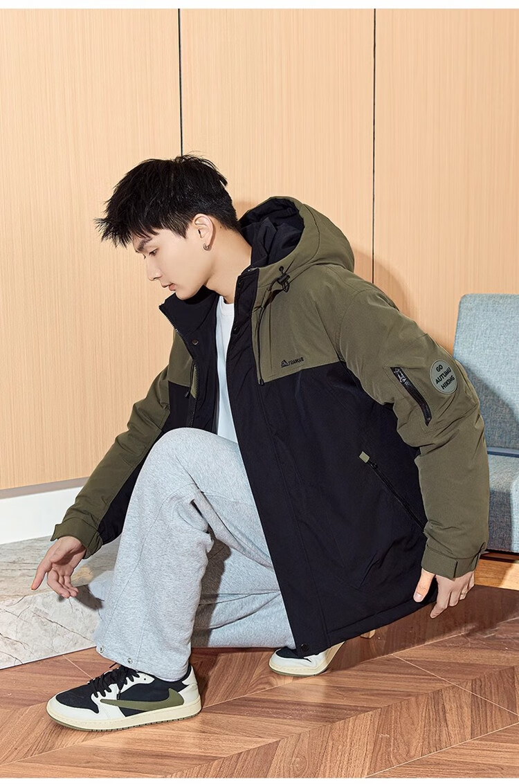 TonLion 2024 Men's Workwear Letter Embroidery Patchwork Hooded Cotton Jacket, Gray Lake Green, L 8