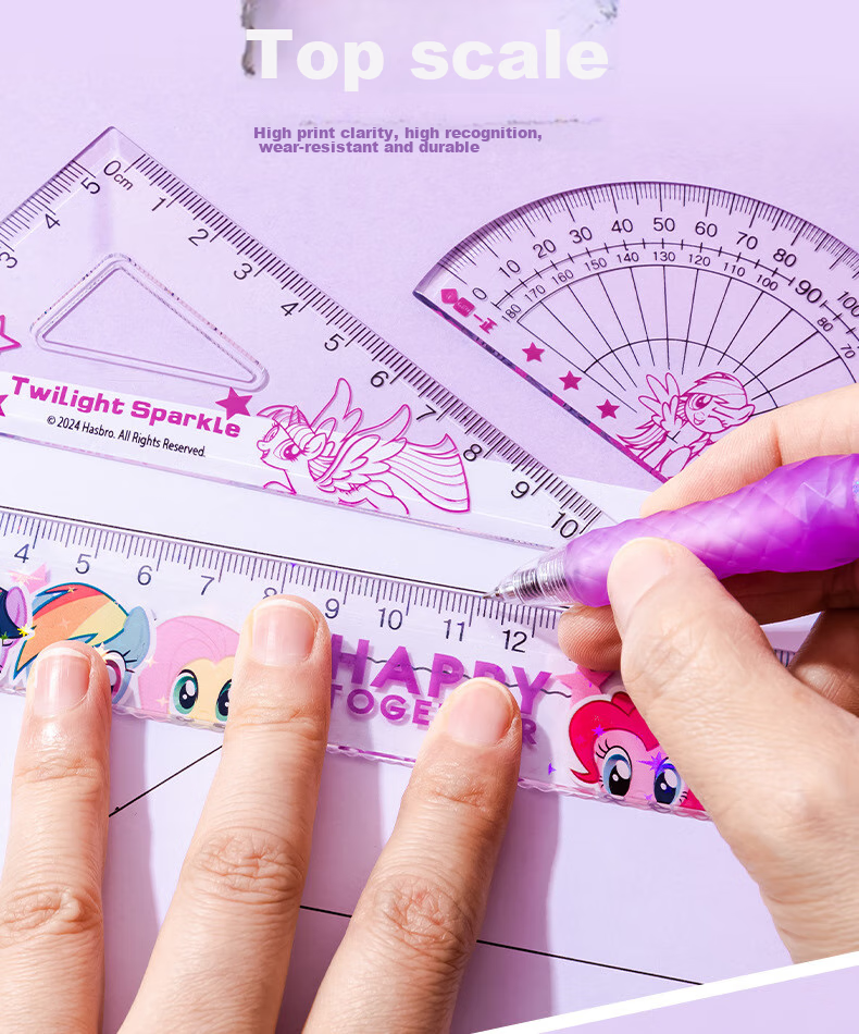 YIZHENG Drawing Set, Stationery, My Little Pony High-Quality 20cm Ruler Set of Four Pieces, Elementary School Students' Special Straight Ruler Triangle Ruler Protractor, Purple Set 5936 6