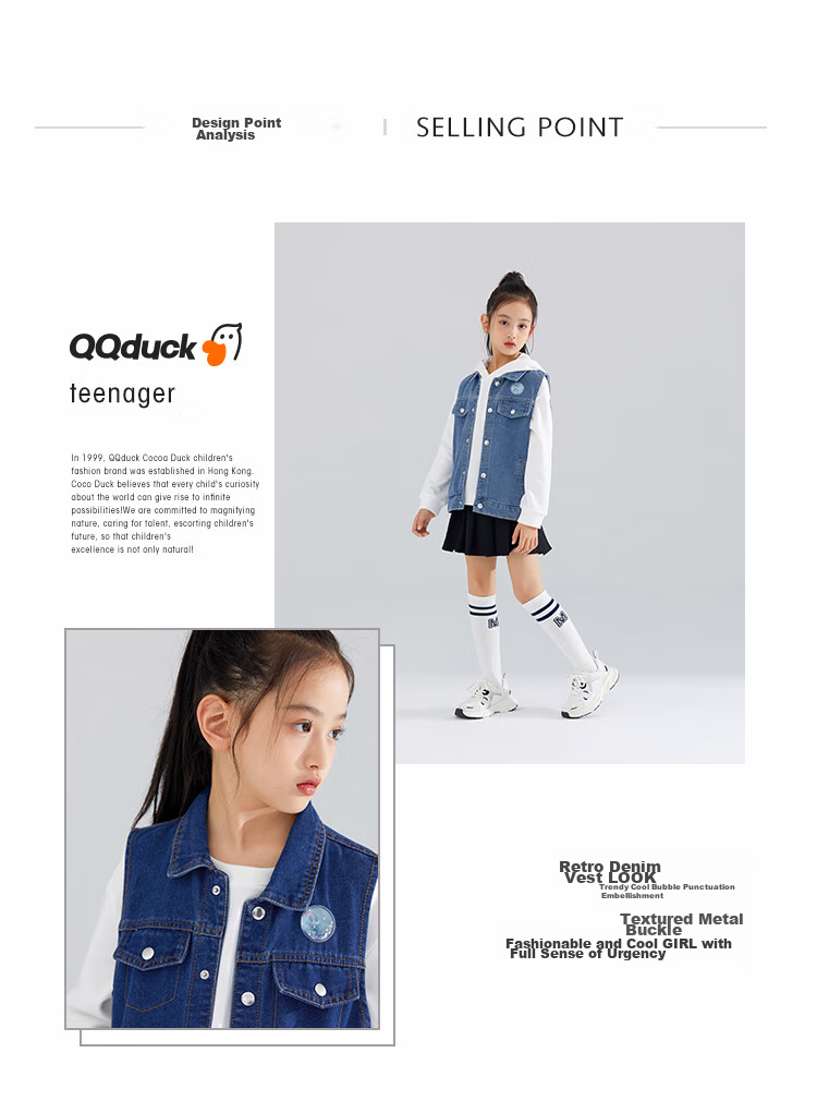 QQ DUCK Children's Denim Jacket Girls Casual Vest Sleeveless Top Versatile Waistcoat Blue; 140 2