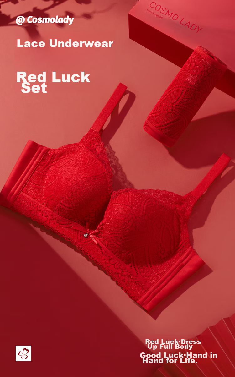 Urban Beauty Women's New Year Red Bra Set No Steel Ring Push-Up Sexy Lace Set 3BHG06 4