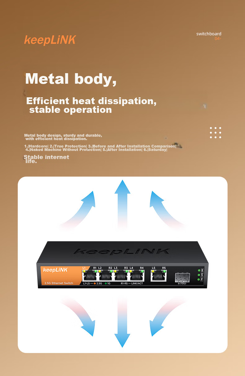 KeepLINK KP-9000 Switch, 5 Ports 2.5G + 1 Port 10G Optical Port, Network Hub Splitter, Supports Modem Stick NAS/Unit 4