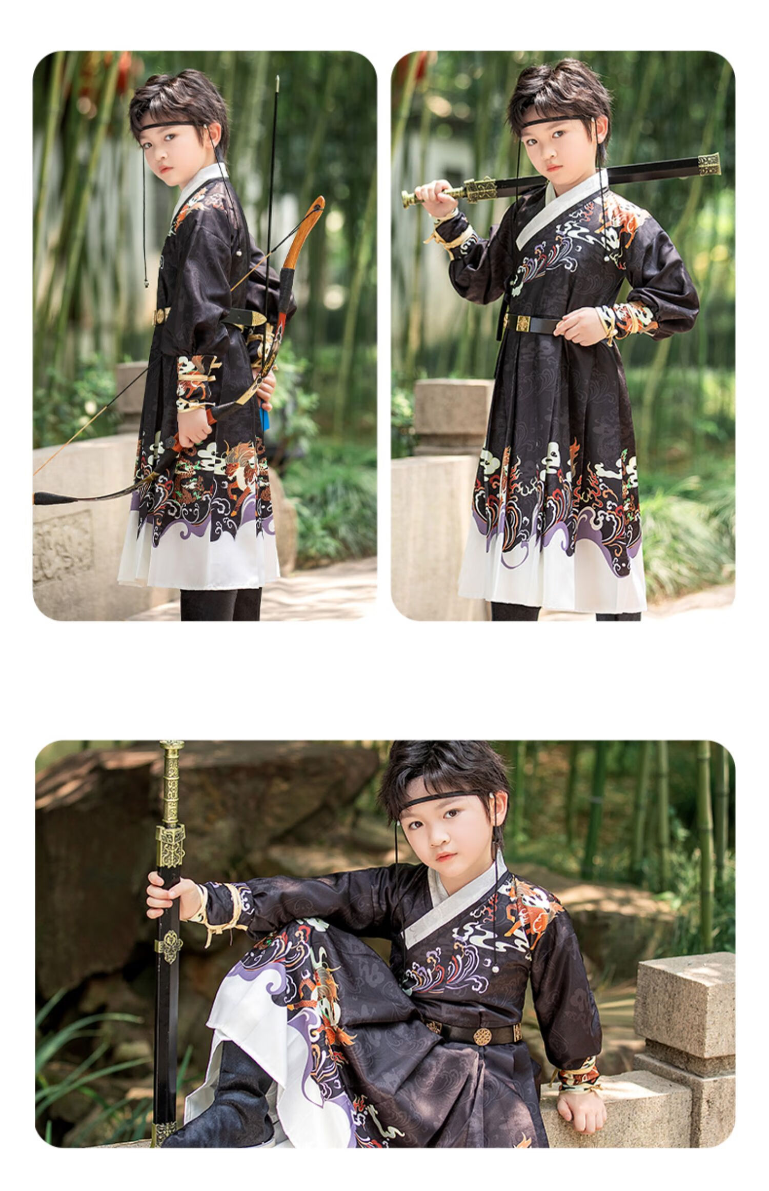 ROMON Boys' Hanfu, New Chinese-Style Ming Dynasty Hanfu, Children's National Style Graduation Performance Costume, Black Flying Fish Outfit, Size 120 8