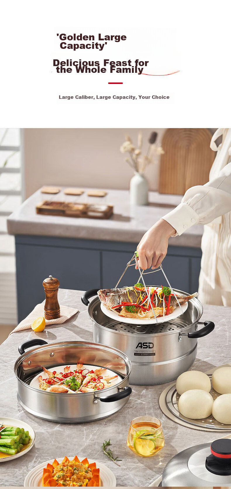 ASD Steamer Pot, Three Layers, 30CM Thickened Base, High-Arch Lid, Large Capacity Fish Steaming Pot, ZS30A5WG 11