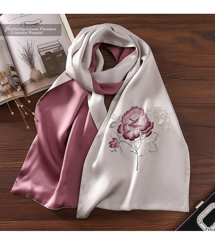 Shanghaigushi Silk Scarf for Women, Double-Layer Embroidery, 100% Mulberry Silk, Gift Box for Mom on Mid-Autumn Festival, Birthday Present, Purple And White 33