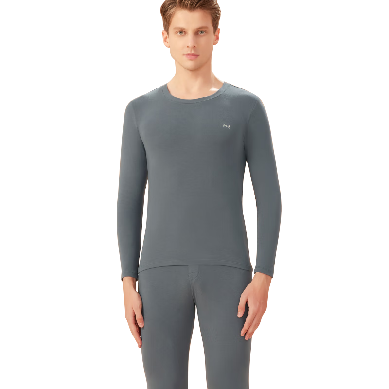 MiiOW 95% Cloud-Feel Cotton Antibacterial Men's Autumn Underwear Set, Round Neck, Middle-Aged Warm Base Layer, Iron Gray, 2XL