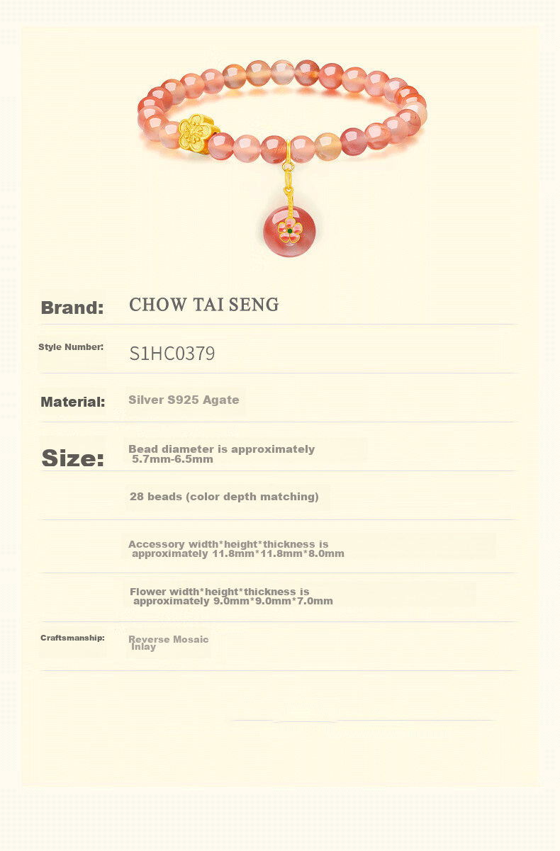 CHOW TAI SENG Peach Blossom Agate Bracelet, Silver Bracelet for Women, 2026 New Style, Graduation Birthday Gift for Ladies, Present for Girlfriend 10