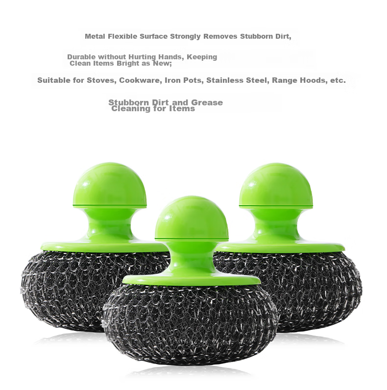 Fuaijia Long Handle Pot Scrubber, Steel Wool Cleaning Ball, Replaceable Steel Wire Ball, Pot Washing Brush Tool, 1 Handle with 6 Brush Heads 9