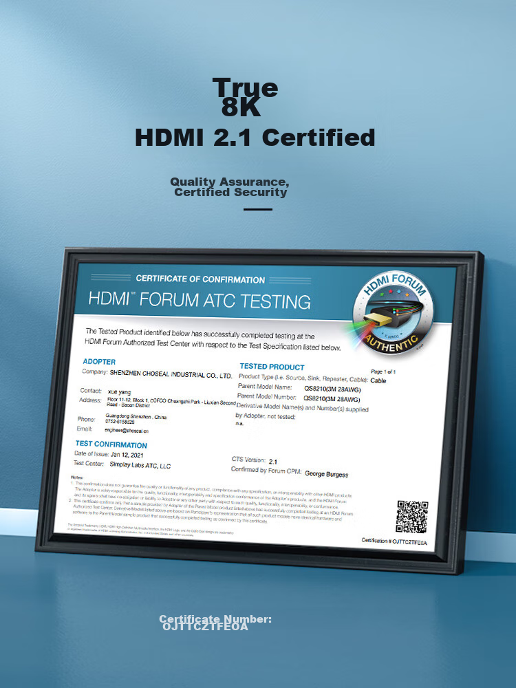 CHOOSEAL HDMI Cable Version 2.1, 8K60Hz 4K120Hz, Computer TV Monitor Projector Digital HD Video Connection Cable, 1 Meter, QS8210AT1 10