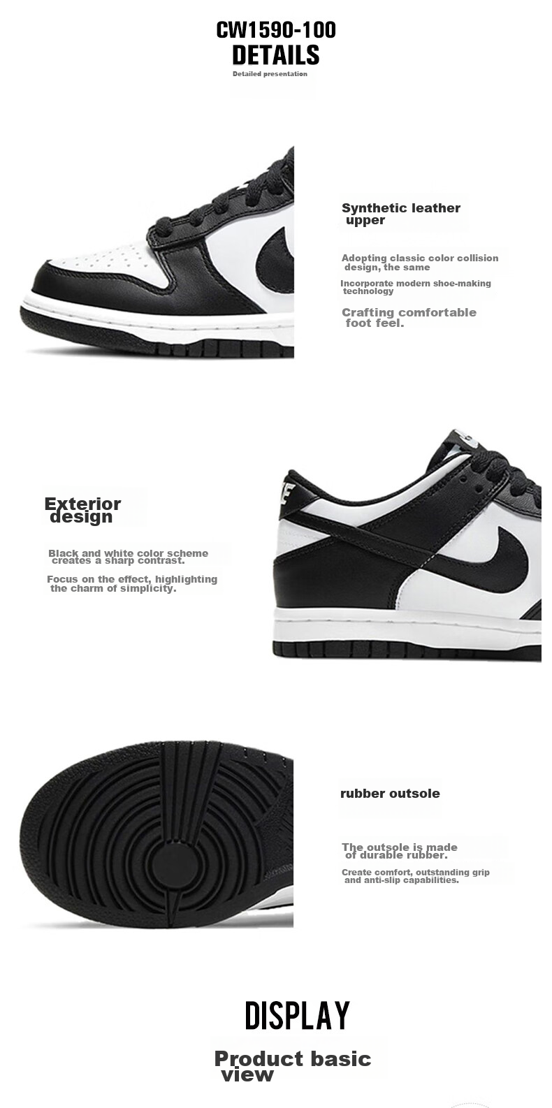 NIKE DUNK LOW(GS) Children's And Women's Sneakers, Spring And Summer Black And White Panda CW1590-100, Size 36.5 4