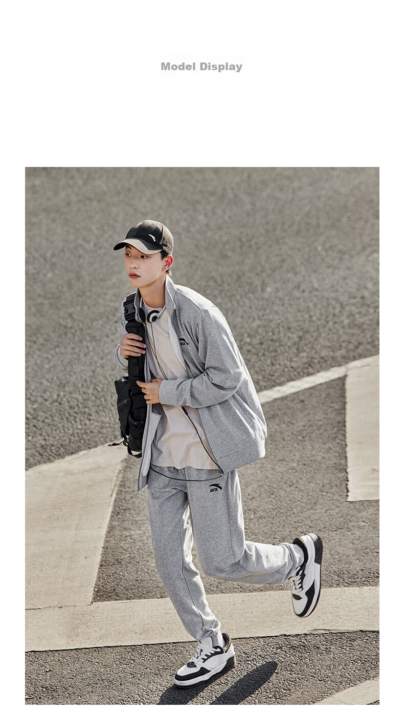 Anta Men's Fleece-Lined Sports Set Spring Windproof Stand Collar Zip-Up Jacket and Pants Sportswear Casual Pants 21