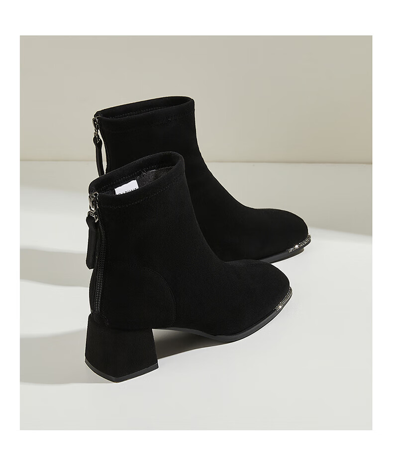 DAPHNE Suede Ankle Boots Women Chunky Mid Heels Slim Winter Fleece French Style Versatile Khaki Fleece Lined Boots Size 37 12
