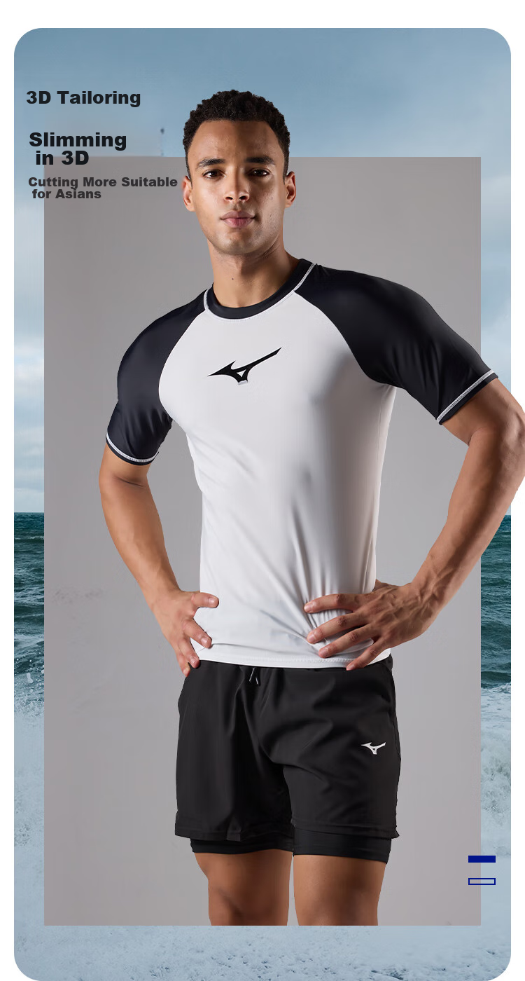 MIZUNO Men's Short-Sleeve Swimsuit, Anti-Embarrassment, Plus Size, Hot Spring Top, Quick-Dry Beach Surfing Suit, Equipment AB108 Black M 6