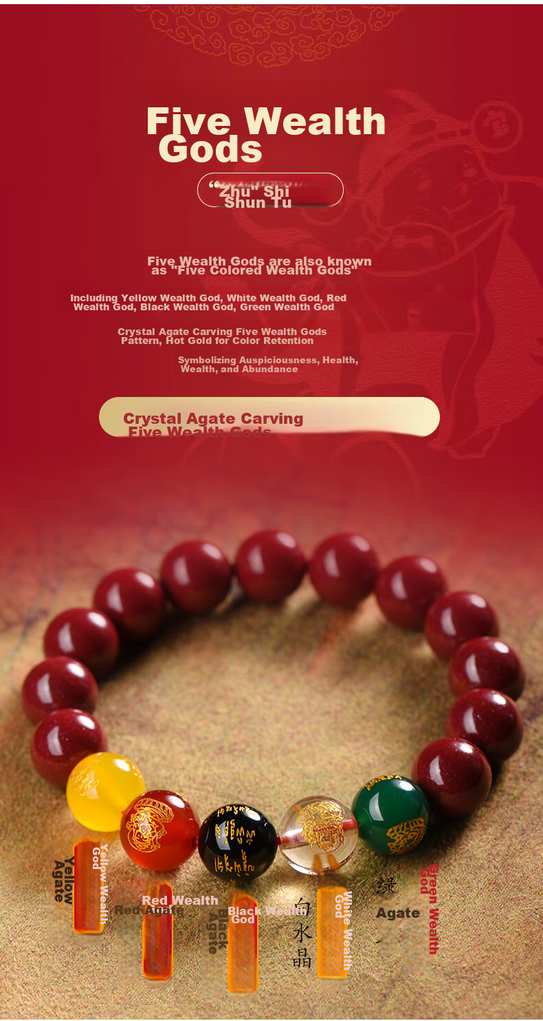 Cilingge Cinnabar Bracelet, Five Wealth Gods Bead Amulet, Zodiac Year Bracelet, Men's Father's Day Gift 4