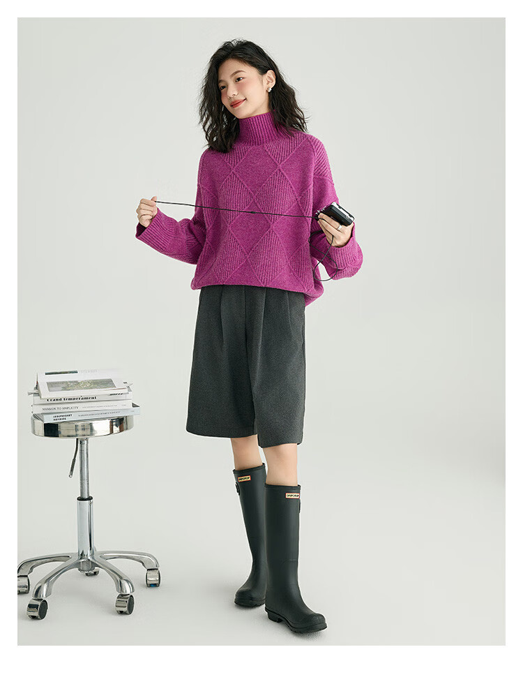 Demana Slightly Drunk Knitwear Stylish Diamond Pattern Slim Fit Sweater for Women Purple Red S 5