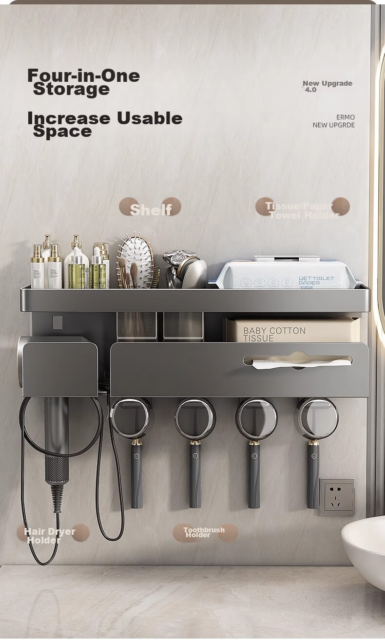 MUYA Electric Toothbrush Holder, Bathroom Storage Rack, Toilet And Bathroom Mouthwash Cup Holder, Multifunctional Hair Dryer Wall-Mounted Rack 5