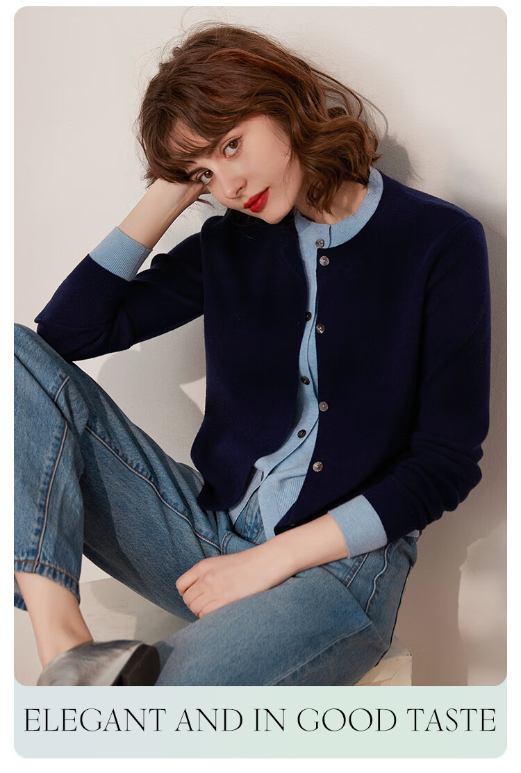 LOUISYAO Spring Autumn Two-Piece Colorblock Knit Round Neck Single-Breasted Long Sleeve Cardigan Women Navy Blue with Blue Patchwork 1 XL 10