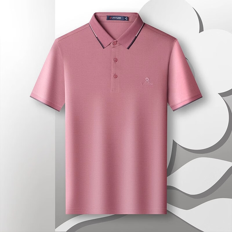 MONTAGUT Premium Mid-Autumn Festival Gift Box Short-Sleeve Polo Shirt for Men, Mulberry Silk Business T-Shirt, Turn-Down Collar, Embroidered, Breathable, Pink, XL