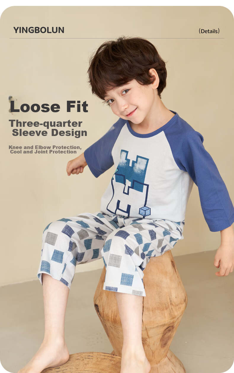 YING BO LUN Boys' Pajamas, Pure Cotton Thin Style, Children's Air Conditioning Wear, Summer Full Cotton Home Wear Set, 63777 Plain White, 160cm 6