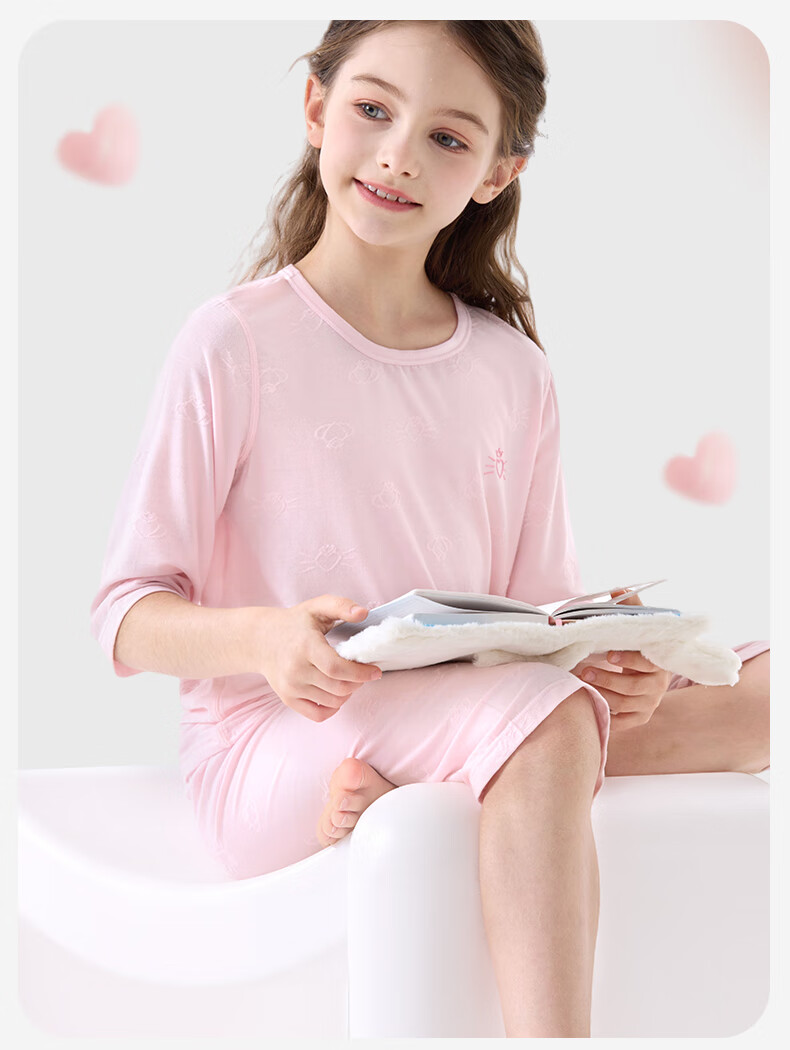 Duomiaowu Girls' Pajamas Children's Modal Home Wear Set Big Kids Summer Thin Ice Silk Air Conditioning Clothes 11904 Pink 160 11