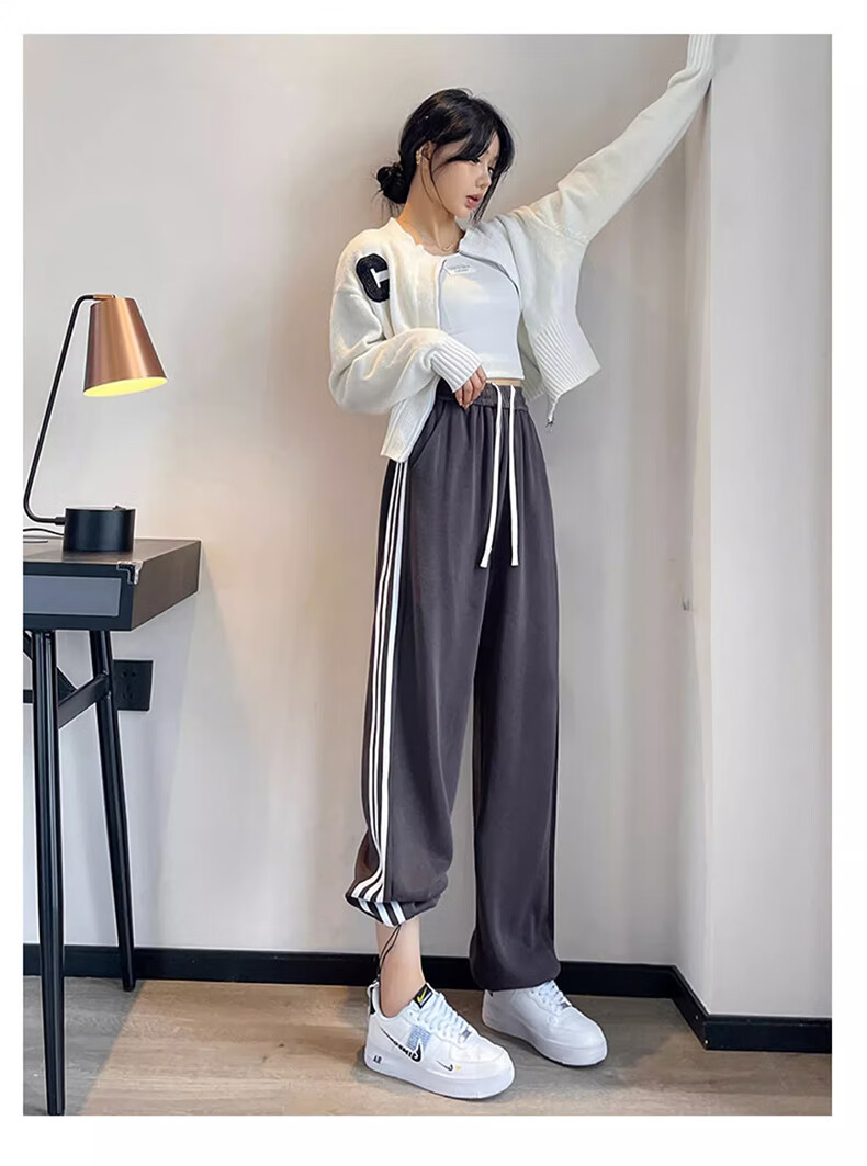 LangSha Women's Leggings with Two-Way Wear, Straight-Leg Three-Stripe Cotton Pants, Autumn Outer Wear, Sports Pants with Elastic Cuffs, Loose High-Waist Drawstring Sweatpants 25