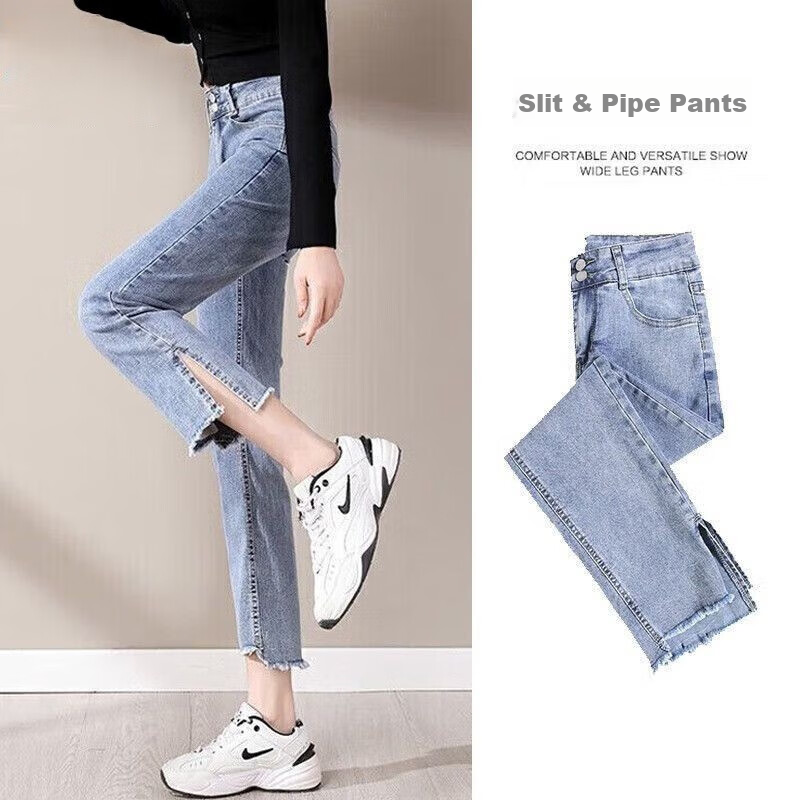 Женские джинсы JEANSWEST, модель 2025 Осень, с высокой талией, эластичные, драпированные, девятиконечные сигаретные брюки с разрезом, винтажный синий цвет, размер S