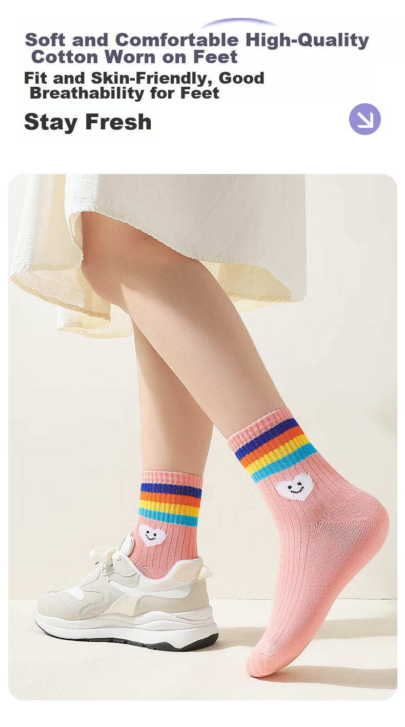 LangSha Kids Socks Girls Spring Autumn Winter Four Seasons Mid-Calf Comfortable Breathable Cotton Socks Cute Big Children 5 Pairs Pack 10