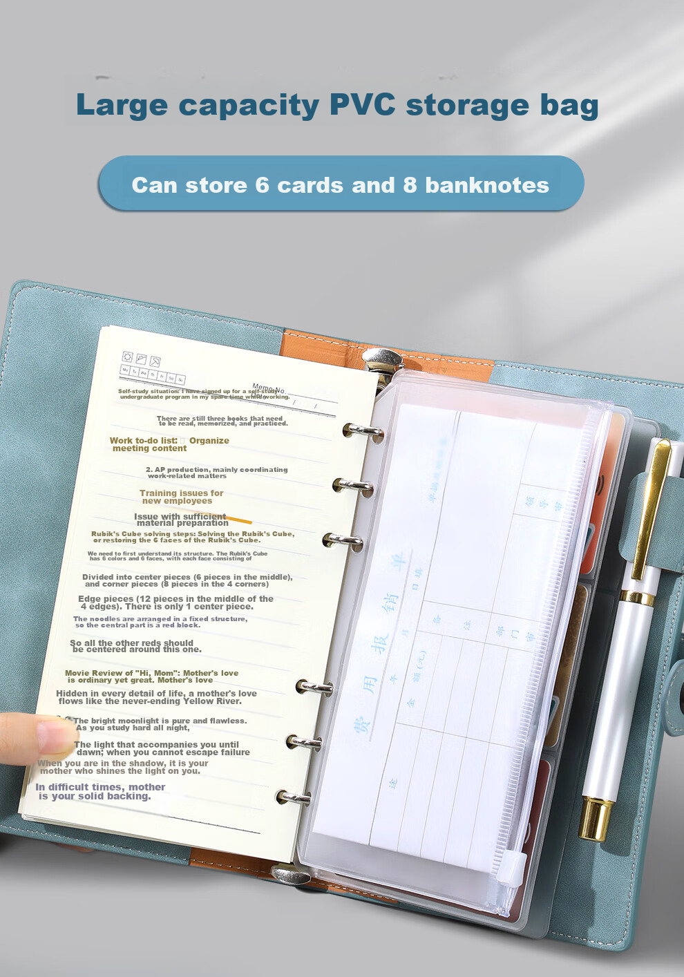 Jiaranheng A6 Multifunction Loose-Leaf Notebook, Creative Small Planner Notebook, Portable Journal, Zippered Storage Book, Leather Cover with Buckle, Customizable, Blue, 1 Book 4