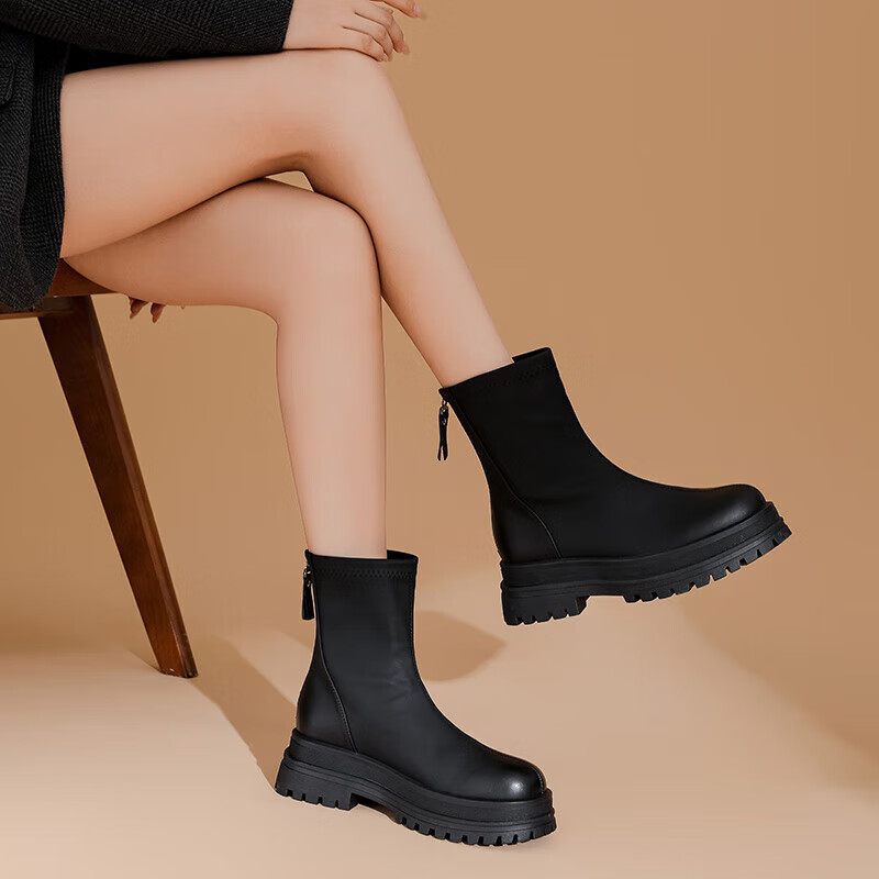DAPHNE Fashion Heightening Ankle Boots for Women, Autumn And Winter Single Boots, Chelsea Martin Boots, Elastic Slim Boots, Black, Size 40