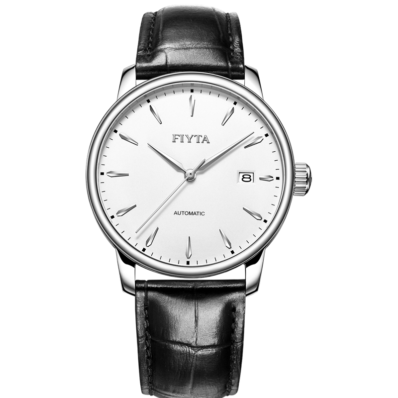FIYTA Classic Series, Calendar White Dial with Black Leather Strap, Automatic Men's Mechanical Watch, Business Casual Style, Holiday Gift for Me