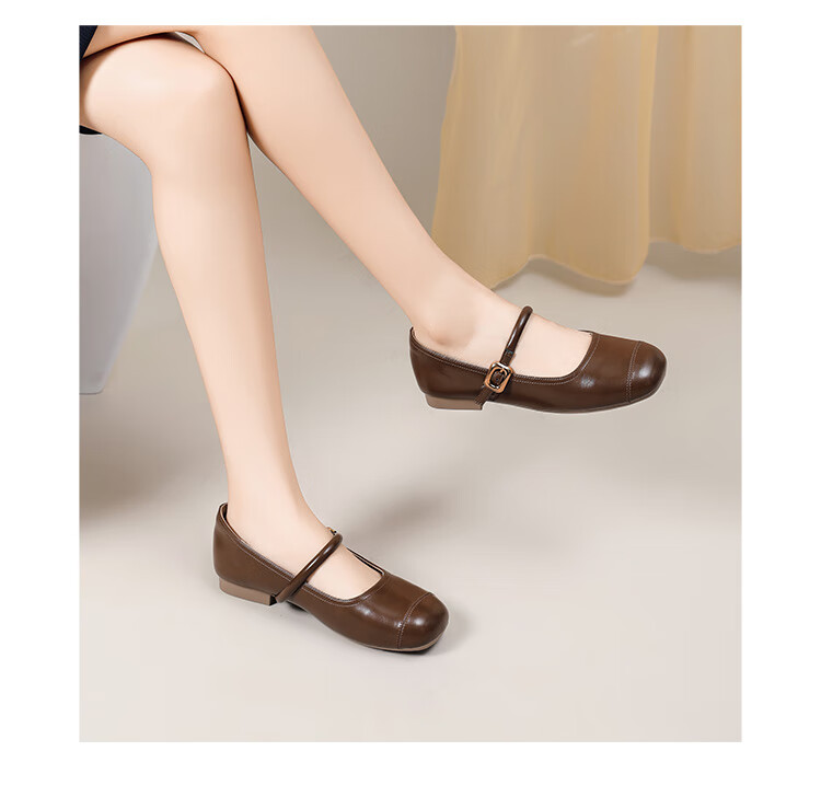 DAPHNE Retro Soft Leather Mary Jane Women's Shoes, 2024 Spring/summer Flat Leather Shoes, Wanwan Style Gentle Flats, Beige, Size 37 11