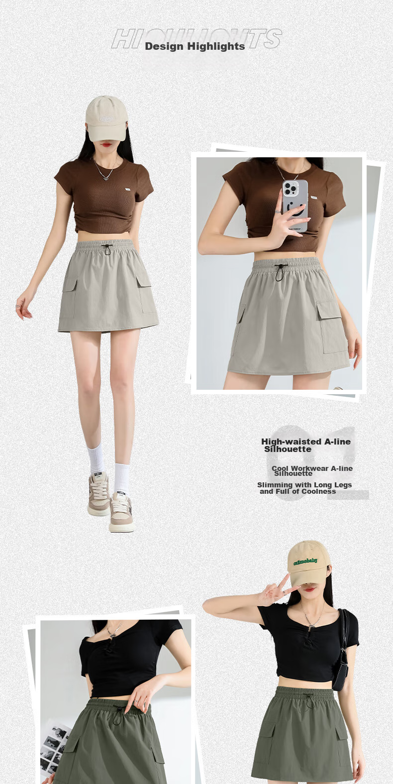 Baleno High-Waisted Cargo Skirt for Women with Lining, New Summer 2026 Fashion Outdoor Forest Style A-Line Short Skirt 4
