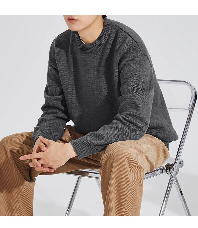 Huili Men's Sweater, Autumn And Winter Round Neck Pullover, Warm Base Layer Knit Sweater, Thick Comfortable Warm Top, Iron Gray, 4XL 13