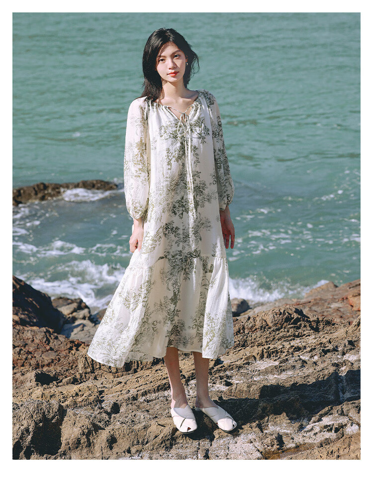 Dme Elegant Floral Print Long Dress, Artistic Ink Painting Design, Slimming One-Piece Dress, Floral Print, Size S 6