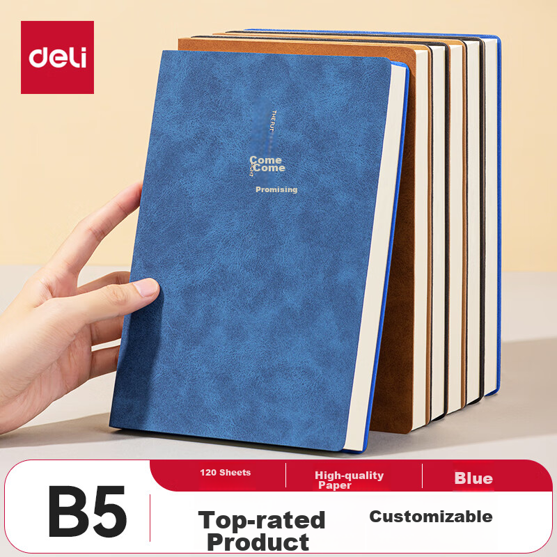 Deli Leather Notebook, Journal, Meeting Record Book, Thickened Sheepskin B5/120 Sheets Single Book BP104 Blue (Looking Forward to The Future)